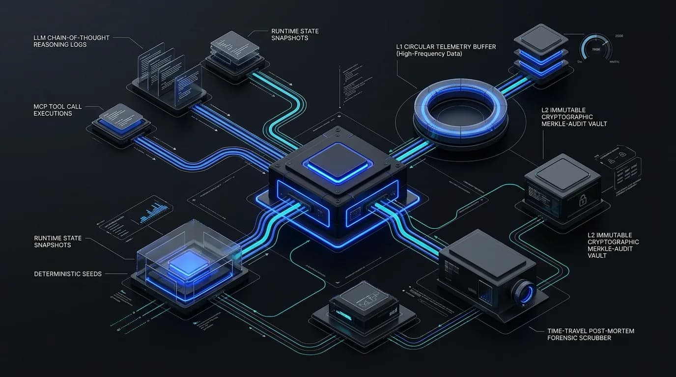 Ilustrasi Arsitektur Teknis 16:9 Agent Flight Recorder (AFR) 2026: Arsitektur Tamper-Evident Audit Trail, 8 Bidang Semantik, dan On-Chain Anchoring untuk Autonomous Tool-Using AI Agents