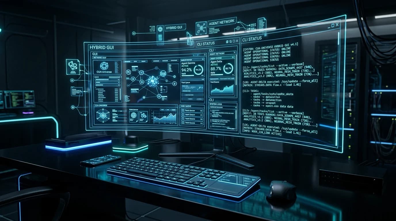 Ilustrasi Arsitektur CUA-Universe Hybrid GUI dan CLI Autonomous Agents App-Forge Task-Weave Path-Steer 2026