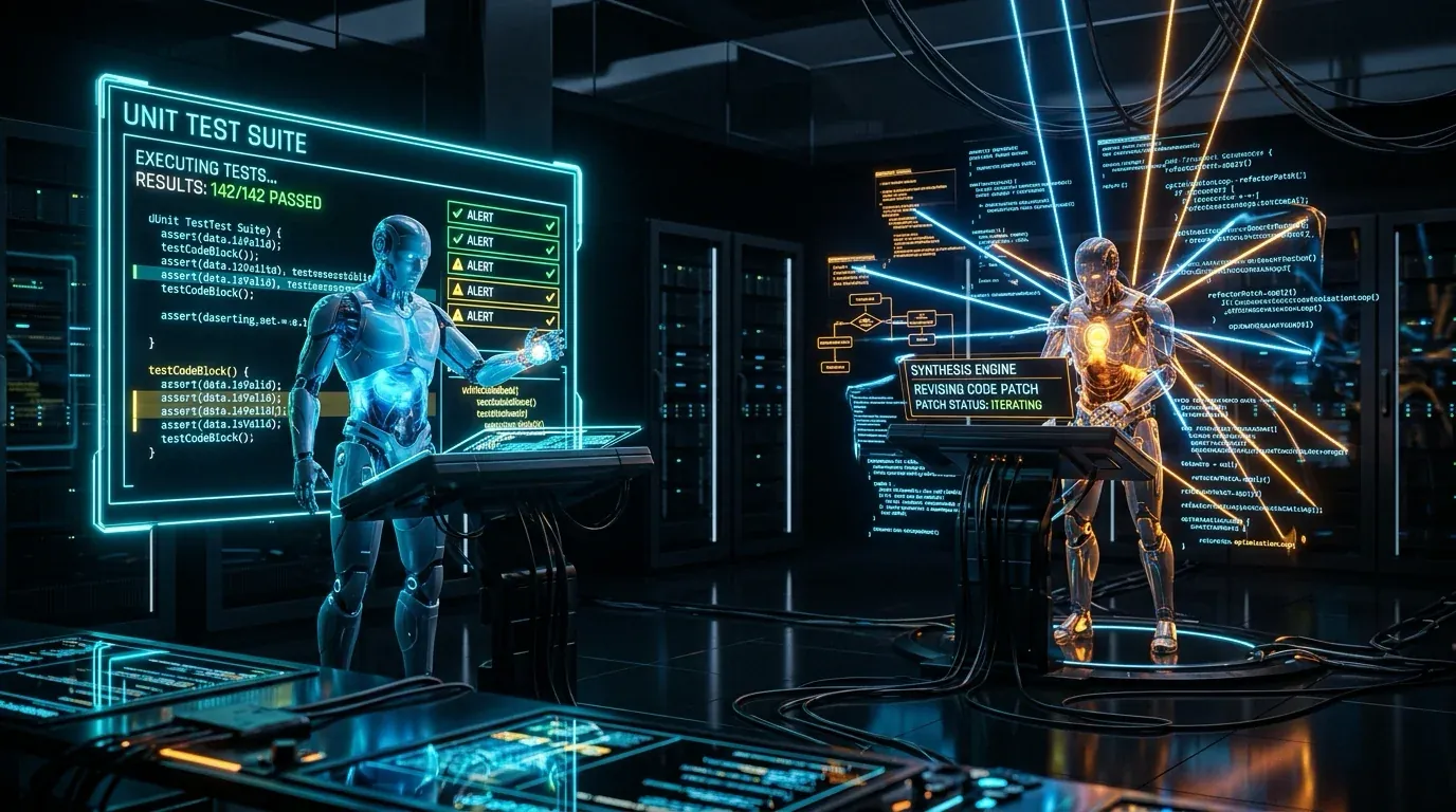 Ilustrasi Arsitektur Teknis 16:9 ExecCritic 2026: Arsitektur Test-Verify-Revise Scaffold, Fail-Closed Harness Qualification, dan Role-Specific Reinforcement Learning pada Autonomous Coding Agents