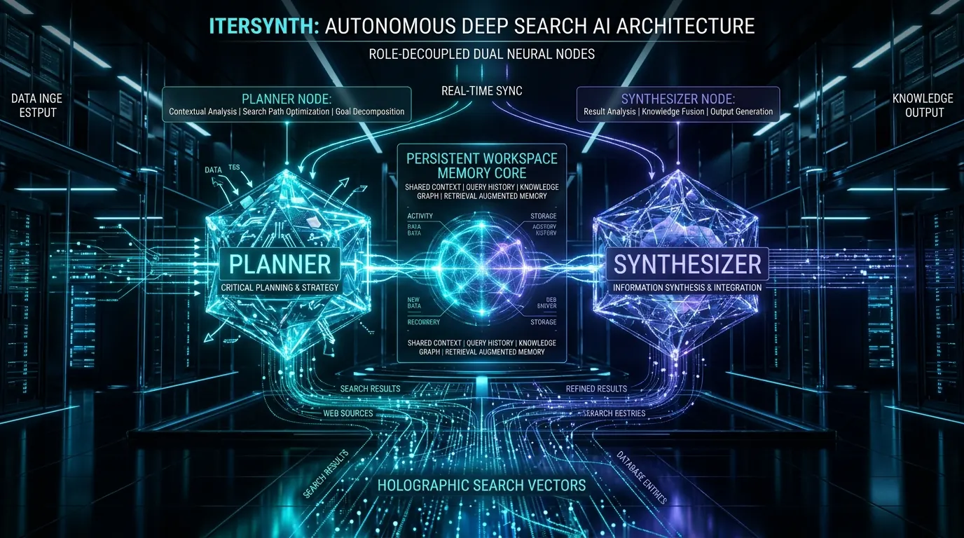Ilustrasi Arsitektur Teknis 16:9 IterSynth 2026: Arsitektur Role-Decoupled Iterative Synthesis, Evolving Memory Workspace, dan Eliminasi Konteks Akumulasi pada Autonomous Deep Search Agents