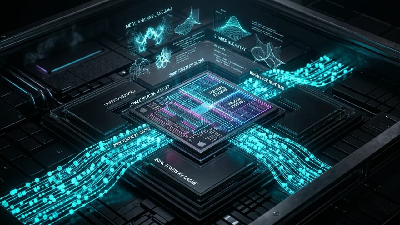 Ilustrasi Arsitektur Teknis 16:9 JustFit 2026: Arsitektur 200K-Token LLM Serving pada Laptop 24 GiB, Just-in-Time State Management (KVExec, PhaseSwap, StateTrans), dan Apple Silicon MLX Acceleration