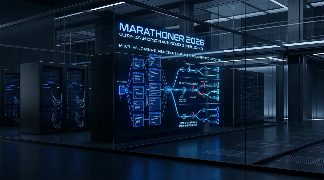 Ilustrasi Arsitektur Teknis 16:9 Marathoner 2026: Arsitektur Ultra-Long-Horizon Autonomous Intelligence, Multi-Task Chaining, Rejection Sampling, dan Later Stage Bonus Reward pada Agen Koding Skala Jam