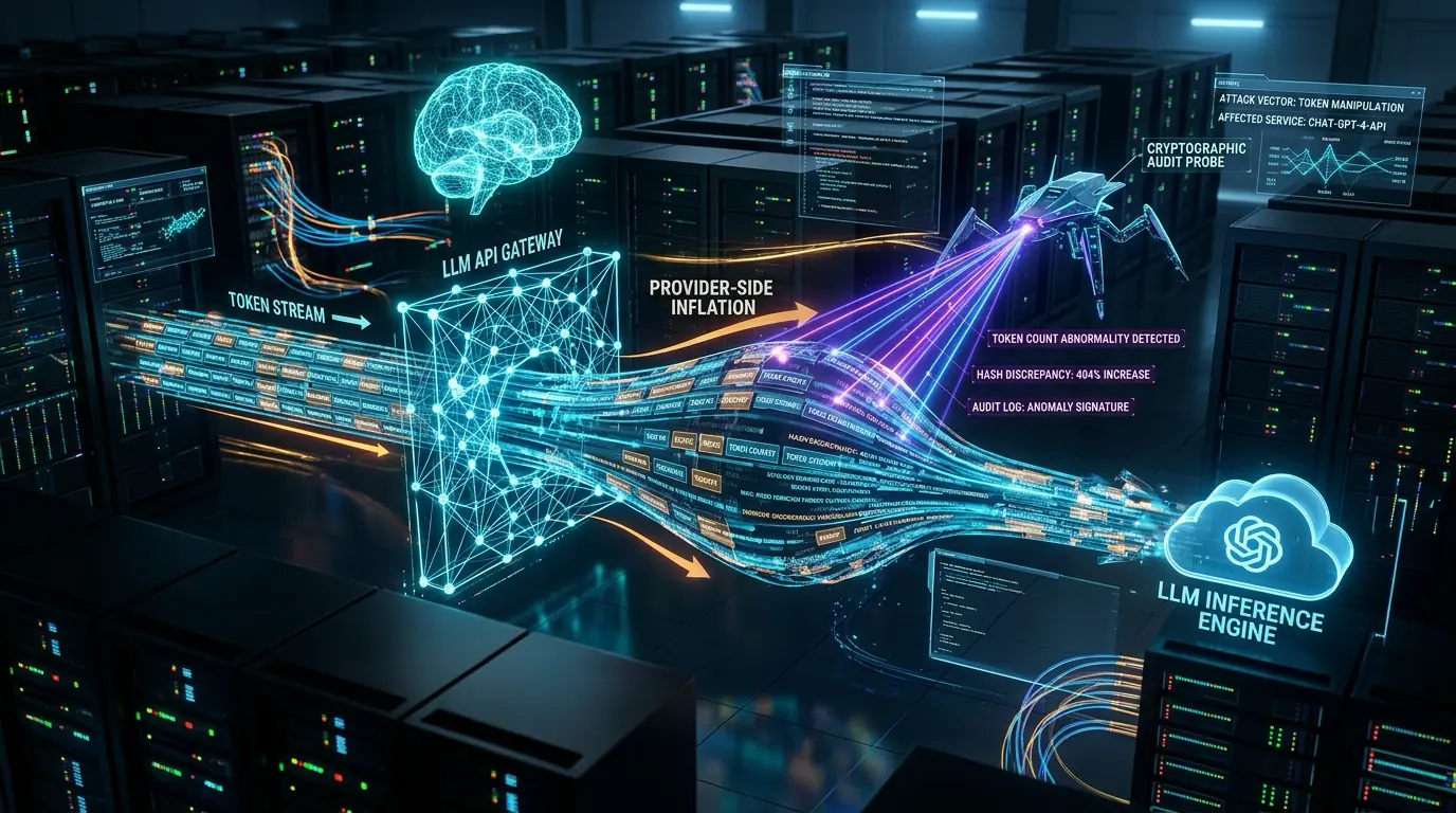 Ilustrasi Arsitektur Teknis 16:9 Token Inflation Attacks 2026: Arsitektur Provider-Side Token Manipulation (PTIA), Fenomena Saturation, dan Single-Probe Black-Box Auditing pada Pay-Per-Token LLM Services
