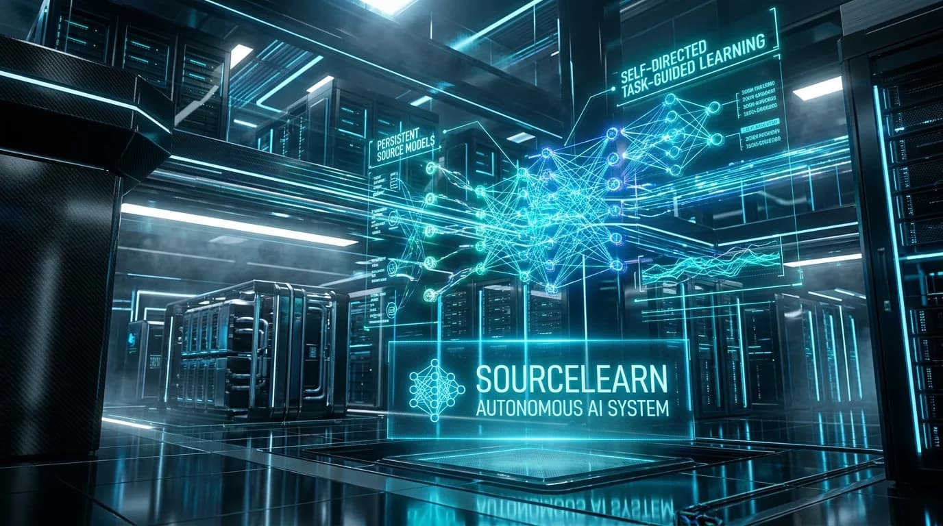 Ilustrasi Arsitektur Teknis 16:9 SourceLearn 2026: Arsitektur Persistent Source Model, Self-Directed & Task-Guided Learning, serta Peningkatan Akurasi hingga +22.6 Poin Melampaui Hybrid RAG pada Autonomous AI Agents