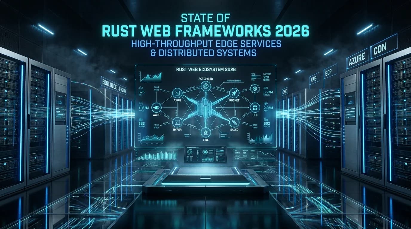 Ilustrasi Arsitektur Teknis 16:9 State of Rust Web Frameworks 2026: Axum vs Actix-web dalam High-Throughput Edge Services