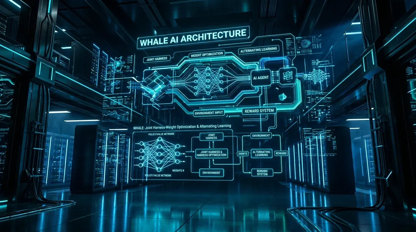 Ilustrasi Arsitektur Teknis 16:9 WHALE 2026: Arsitektur Joint Harness-Weight Optimization & Alternating Learning untuk Autonomous AI Agents